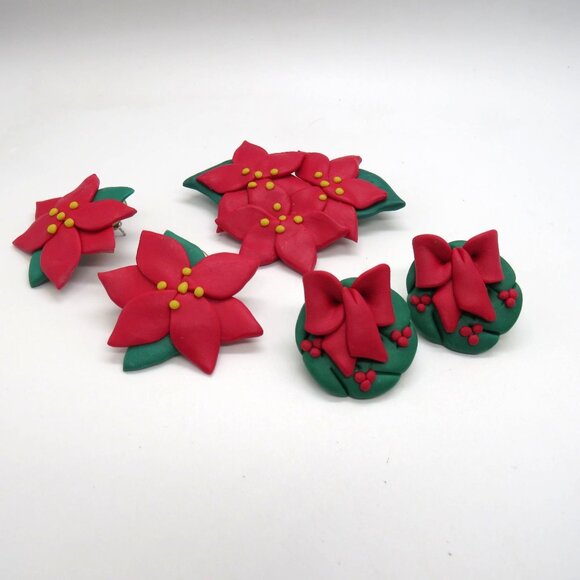 Christmas Poinsettia Brooch Earring Set Handcrafted Polymer Clay 2.5" Pin Studs - Picture 2 of 9